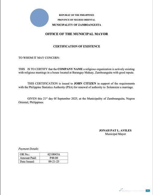 Philippines certificate of existence Word and PDF template, version 2
